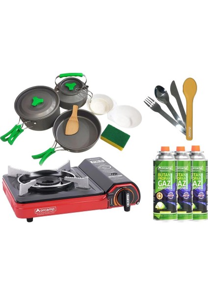 Tekli Portatif Ocak Kırmızı CK-505+3 Parça Tencere Seti OUT-1150+ÇKB OUT-1970 S+3 Adet Kartuş ORC-011-B4 fiyatları