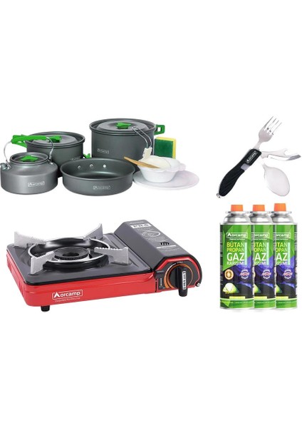 Tekli Portatif Ocak Kırmızı CK-505+4 Parça Tencere Seti OUT-1050+ÇKB OUT-1350 S+3 Adet Kartuş ORC-011-B2 fiyatları