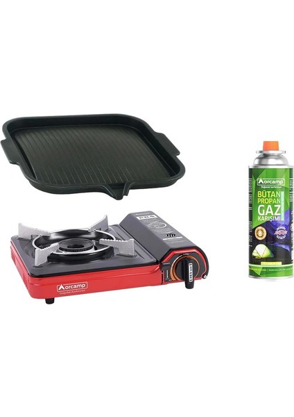 Tekli Portatif Ocak Kırmızı CK-505+OCAK Üstü Izgara CK-505-1+1 Adet Kartuş KTS-227 ORC-011-A1