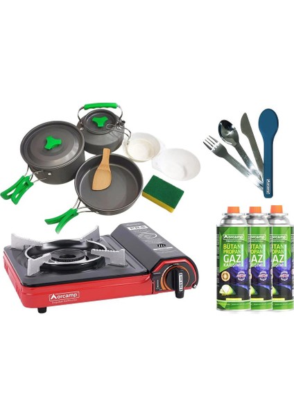 Tekli Portatif Ocak Kırmızı CK-505+3 Parça Tencere Seti OUT-1150+ÇKB OUT-1970 M+3 Adet Kartuş ORC-011-B3
