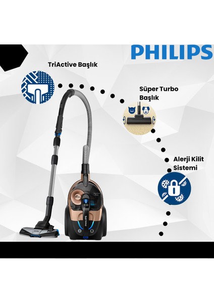 Phılıps Marathon Daily Toz Torbasız Süpürge Powercyclone 8, Turbo Fırça, Allergy H13 Filtre Triactive+ Maksimum Toz Haznesi Hacmi 2 L