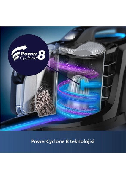 Phılıps Marathon Daily Toz Torbasız Süpürge Powercyclone 8, Turbo Fırça, Allergy H13 Filtre Triactive+ Maksimum Toz Haznesi Hacmi 2 L