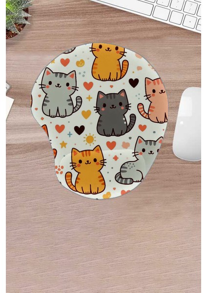 Kedili, Kedi Desenli, Renkli Mouse Pad, Bilek Destekli, Konforlu Mouse Pad, Bilgisayar Faresi Aksesuarı