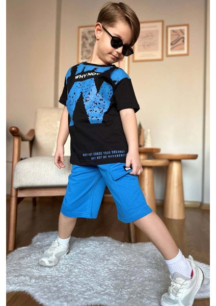 Erkek Çocuk W Harf Why Not Baskılı T-Shirt Mavi Şortlu Takım fiyatları
