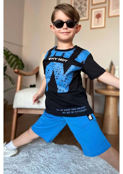 Erkek Çocuk W Harf Why Not Baskılı T-Shirt Mavi Şortlu Takım modelleri