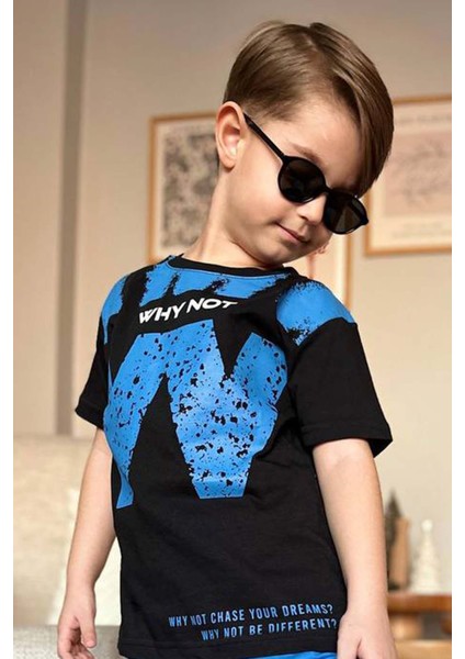 Erkek Çocuk W Harf Why Not Baskılı T-Shirt Mavi Şortlu Takım fırsatları
