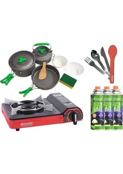 Tekli Portatif Ocak Kırmızı CK-505+3 Parça Tencere Seti OUT-1150+ÇKB OUT-1970 K+3 Adet Kartuş ORC-011-B5