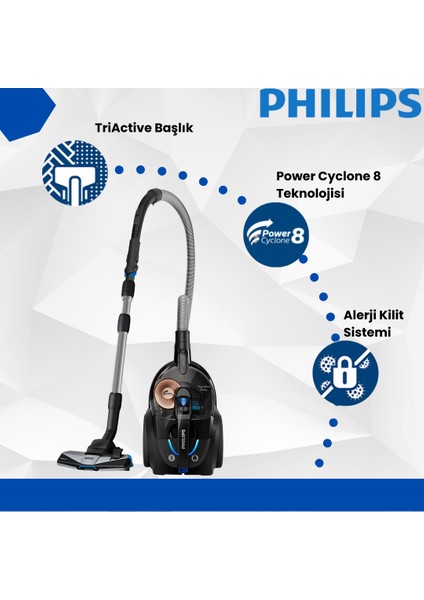 Phılıps Toz Torbasız Süpürge 900W Güç ALLERGYH13 Filtre Alerjii Kilit Sistemi, Tozları Hapseder Yüksek Seviyede