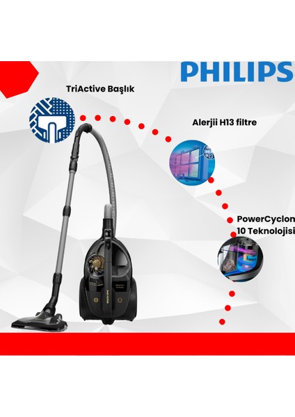 Toz Torbasız Süpürge Powercyclone 10,triactive Ultra Başlık,sert Zemin Başlığı,nanoclean TEKNOLOJISI,H13 Alerjii Filtresi,entegre Fırça,8 M Kablolu