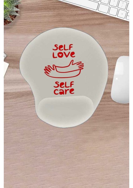 Self Love, Self Care, Krem Mouse Pad, Bilek Destekli, Konforlu Mousepad, Bilgisayar Aksesuarı