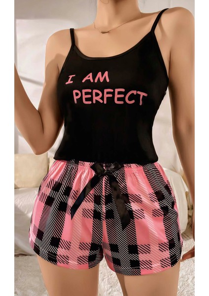 Kadın Siyah Kare Desenli Askılı Şortlu Pijama Takım
