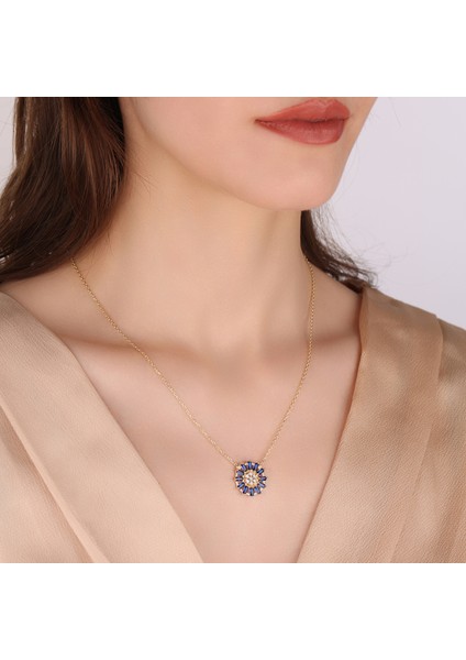 Baguette Kesim Zirconia Safir Kolye, Zirkon Safir Kolye, 18 Ayar Altın Kaplama Kolye, 925 Ayar Gümüş Kolye