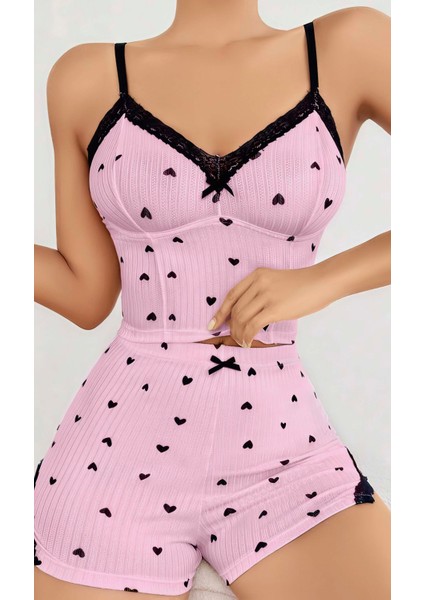Kadın Pembe Kalp Desenli Askılı Şortlu Pijama Takım