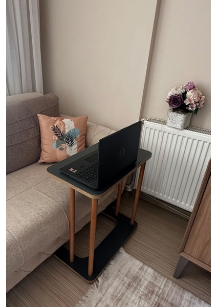 Ahşap Ayaklı Ahşap Tabla C-Sehpa Zigon Yan Koltuk Laptop Servis Sehpası Zigon Antrasit Gri 35X60