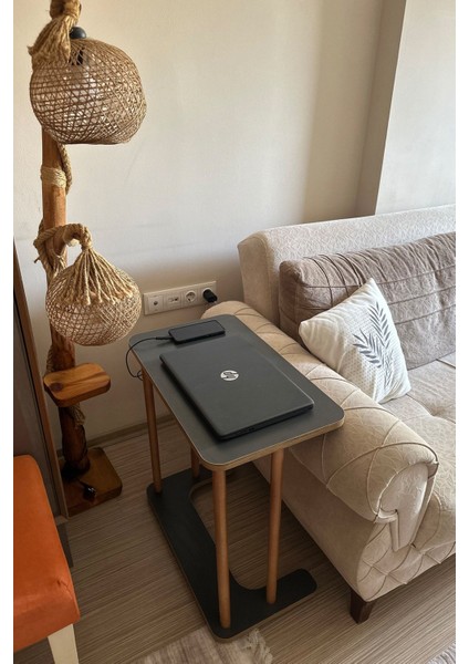 Ahşap Ayaklı Ahşap Tabla C-Sehpa Zigon Yan Koltuk Laptop Servis Sehpası Zigon Antrasit Gri 35X60