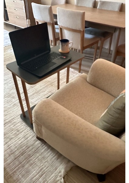 Ahşap Ayaklı Ahşap Tabla C-Sehpa Zigon Yan Koltuk Laptop Servis Sehpası Zigon Antrasit Gri 35X60