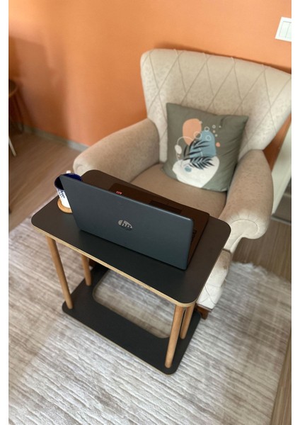 Ahşap Ayaklı Ahşap Tabla C-Sehpa Zigon Yan Koltuk Laptop Servis Sehpası Zigon Antrasit Gri 35X60