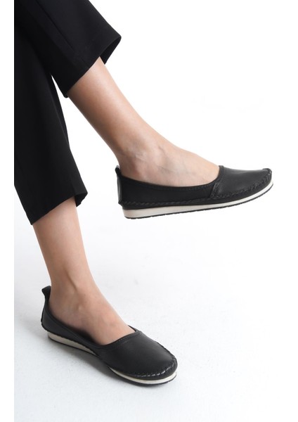 Kadın Deri Babet Dikişli Düz Taban Tam Kalıp Rahat Günlük Ayakkabı