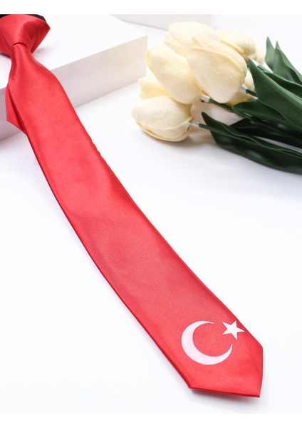 Saten Kumaş Üstüne Türk Bayrak Baskılı Boyundan Lastikli Çocuk Kravat-Özel Kutulu