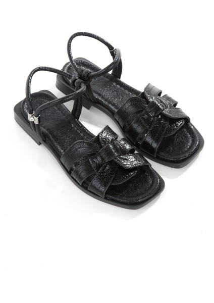 MİA028-3012 Deri Kadın Günlük Ortopedik Siyah Kırıık Rugan Tatil Sandalet fırsatları