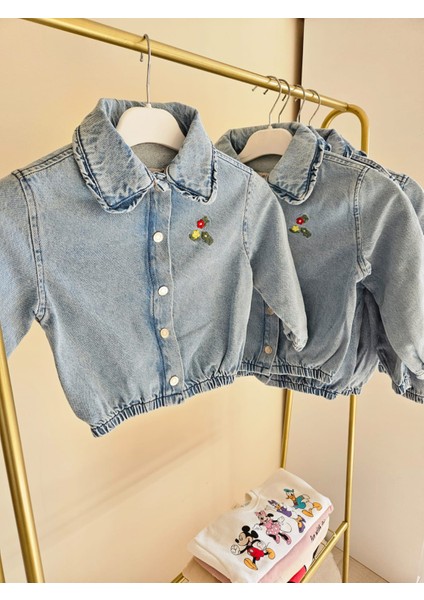 Açık Kot Rengi Kız Çocuk Beli Lastikli Kot Ceket