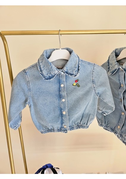 Açık Kot Rengi Kız Çocuk Beli Lastikli Kot Ceket