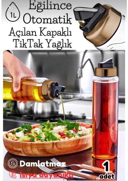 Damlatmaz Yağlık ,tiktak Kapaklı Cam Yağdanlık 1000 ml (Otomatik Açılan Kapaklı Yağlık)