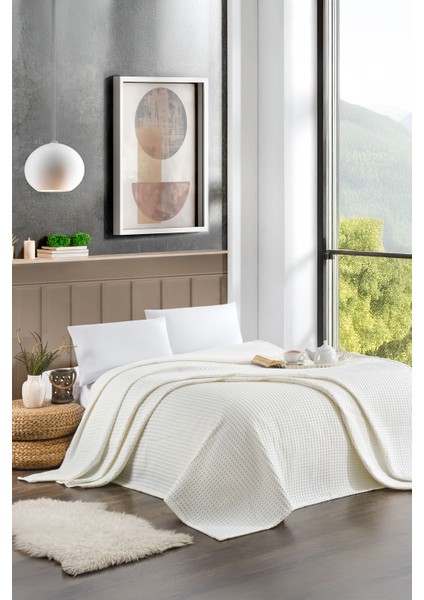 Çift Kişilik Ekru Renk Waffle Pike Pamuk 200 x 220 cm