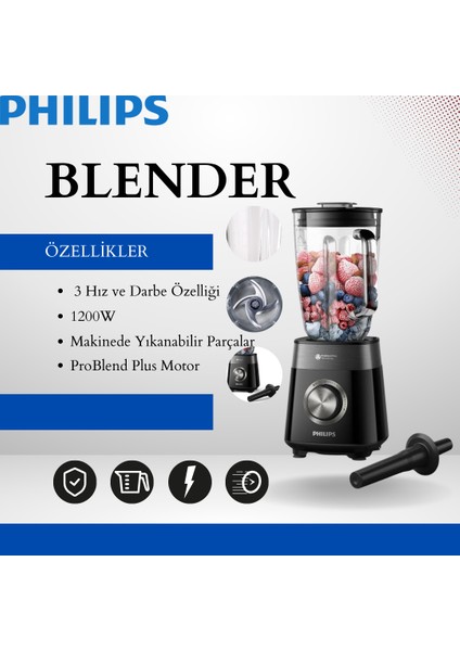 Phılıps Ultra Güçlü Blender, 1200W Problend Plus Motor, 2 Litre Cam Hazne, 3 Hız ve Darbe Özelliği, Makinede Yıkanabilir Parçalar Sessiz Çalışma