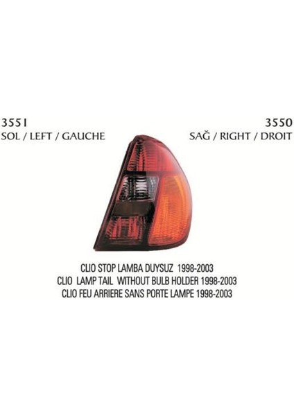 PLK-3551 - Stop Lambası Sol Clıo Clıo Symbol 98>04 Sarı Sinyalli Duysuz