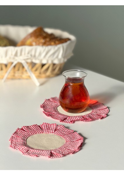 2'li Kırmızı Pötikare Pileli Ham Keten Bardak Altlığı