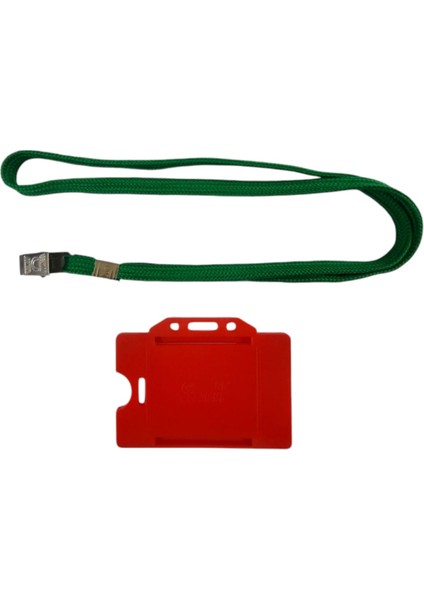 Kart Koruyucu Kırmızı 5 Adet + Kart Askı Ipi Yeşil Metal Klipsli 5 Adet Set