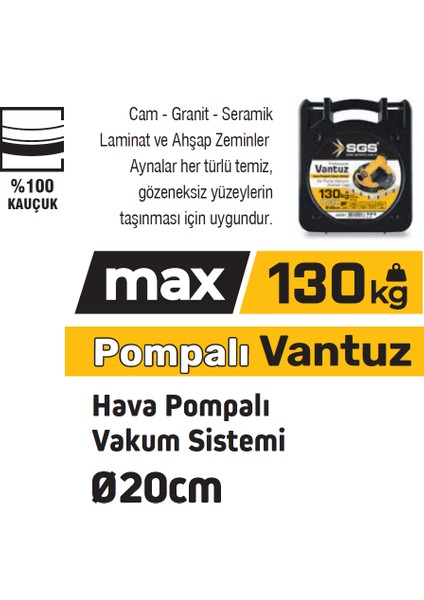 SGS957 - 130 kg Hava Pompalı Vakum Sistemli Vantuz Çap 20CM - Cam - Granit - Seramik - Laminat ve Ahşap Taşıma fiyatları