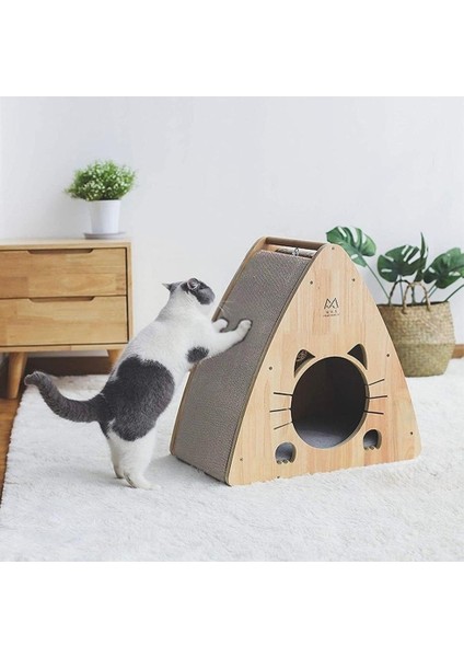 Cat Face 2 Üçgen Ahşap Kedi Yuvası