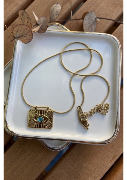 Çelik Plakada Mavi Taşlı Göz Kolye 47CM