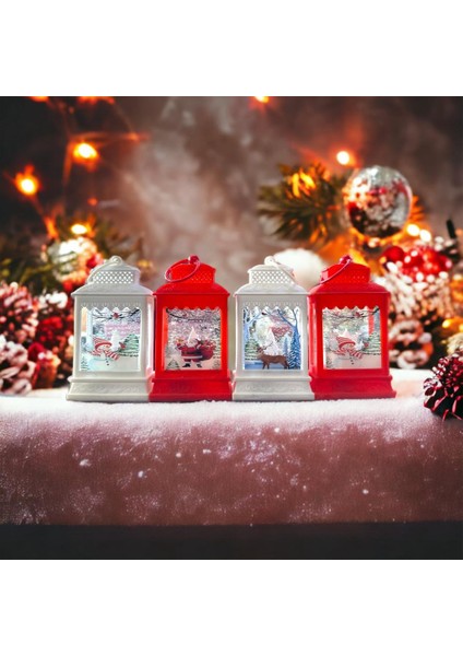 Vıp Hediye 4 Adet Işıklı Noel Baba Geyik Kardan Adam Yılbaşı Feneri Gün Işığı Pilli LED Işık Dekor