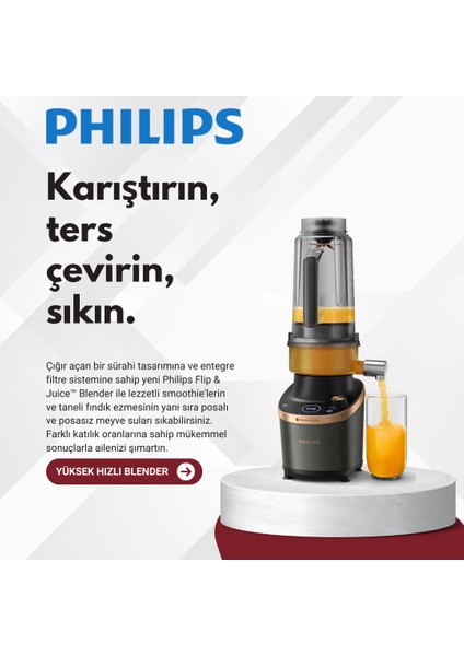 Phılıps Flip & Juice Blender, Meynane Sıkacağı Modüllü, Problend Ultra Teknolojisi, Nutriu Uygulaması, Hızlı Seçim Programları
