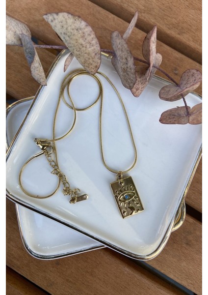 Çelik Mavi Göz Detaylı Kolye 46 cm