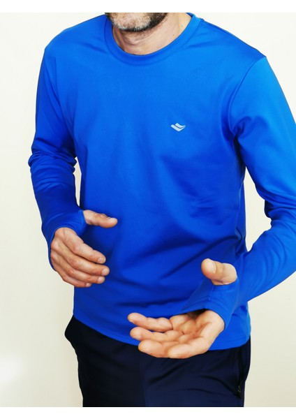 Erkek Mavi Bisiklet Yaka Uzun Kol Spor Sweatshirt 7024-08