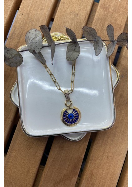 Çelik Lacivert Mineli Madalyon Kolye 50 cm