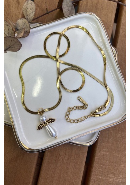 Çelik Incili Melek Kolye 51CM Şık