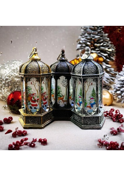 3 Adet Vıp Kalite Noel Baba Geyik Kardan Adam Yılbaşı Feneri Dekor Lamba Gün Işığı Pilli LED Işık