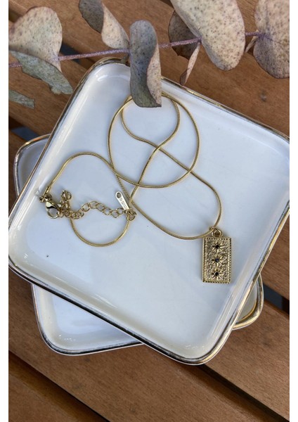 Çelik Siyah Taşlı Üçlü Güneş Kolye 46 cm