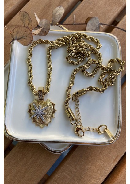 Çelik Burgu Zincirde Kalp Üstü Yıldız Kolye 66CM