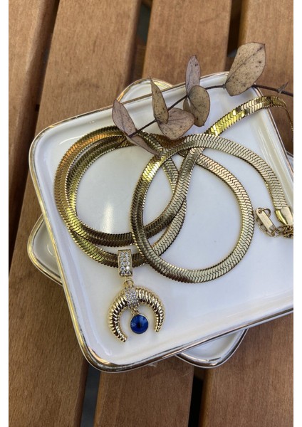 Çelik Nazarlı Ters Ay Kolye 66CM