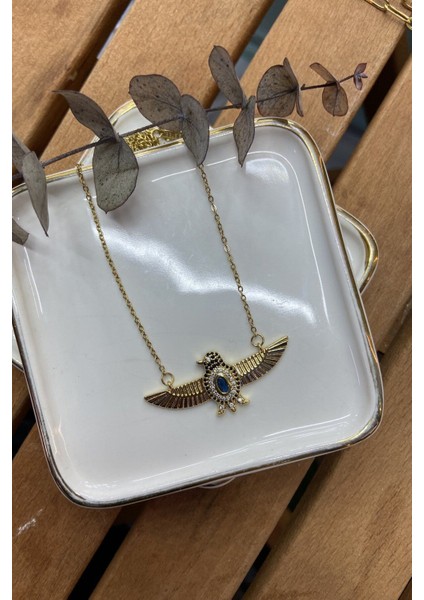 Çelik Lacivert Taşlı Kuş Kolye Gold 49 cm