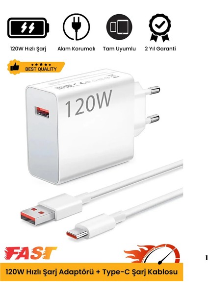 120W Turbo Ultra Hızlı Akım Korumalı Şarj Aleti Usb- Type-C Kablo ve Adaptör Şarj Seti