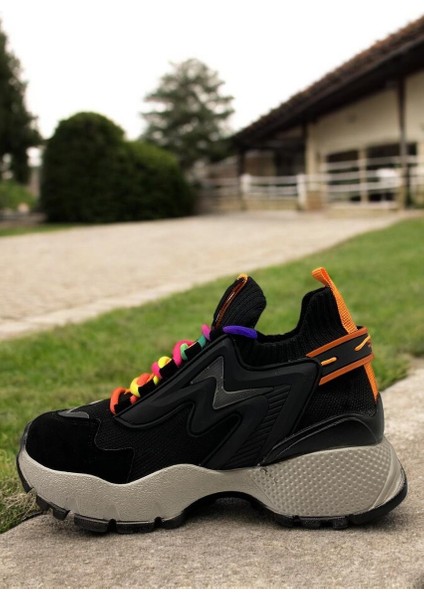 Snicker Y050325 Siyah Çok Renkli Bağcıklı Tam Ortopedik Kadın Sneaker Günlük Spor Ayakkabı modelleri