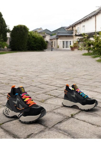 Snicker Y050325 Siyah Çok Renkli Bağcıklı Tam Ortopedik Kadın Sneaker Günlük Spor Ayakkabı fırsatları