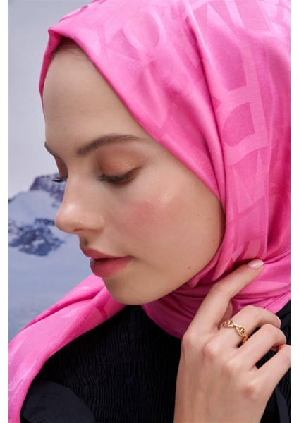 Yazı Desen Jakar Italyan Ipekli Şal Koyu Pembe